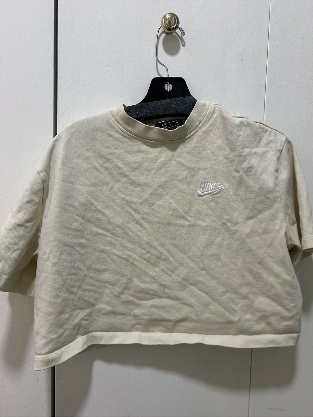 Nike Cream Cropped Crewneck Sweatshirt with Embroidered Swoosh